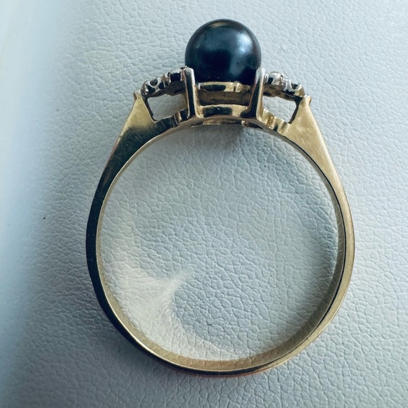 14K Yellow Gold Black Tahitian Pearl Ring with diamond clusters size 10 - Picture 3 of 7